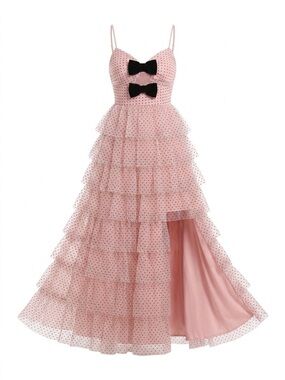 Macy's Pink Polka Dot Tiered Tulle Prom Dress with Black Bow Accents